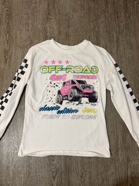 Jeep White Long Sleeve Tee with Pink Jeep Graphic and Black Checkered Sleeves